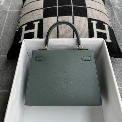 KELLY 25 EPSOM LEATHER VERT AMANDE (GRAY) WITH GOLD HARDWARE (GHW) - 3