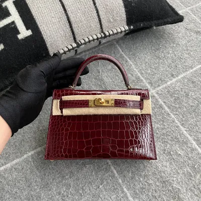 MINI KELLY II (20) SHINY (LISSE) MISSISSIPPIENSIS ALLIGATOR LEATHER BORDEAUX WITH GOLD HARDWARE (GHW) - 1