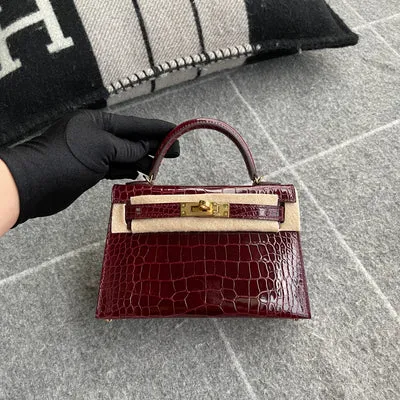 MINI KELLY II (20) SHINY (LISSE) MISSISSIPPIENSIS ALLIGATOR LEATHER BORDEAUX WITH GOLD HARDWARE (GHW) - 2