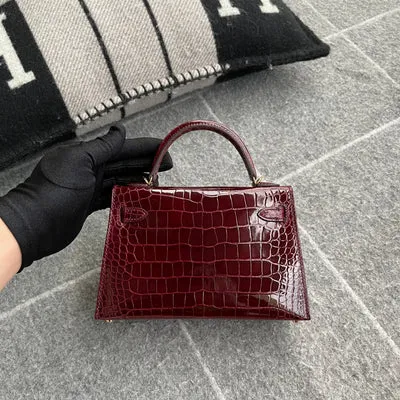 MINI KELLY II (20) SHINY (LISSE) MISSISSIPPIENSIS ALLIGATOR LEATHER BORDEAUX WITH GOLD HARDWARE (GHW) - 3
