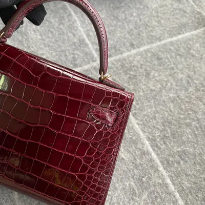 MINI KELLY II (20) SHINY (LISSE) MISSISSIPPIENSIS ALLIGATOR LEATHER BORDEAUX WITH GOLD HARDWARE (GHW) - 4