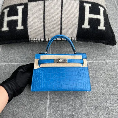 MINI KELLY II (20) MATTE MISSISSIPPIENSIS ALLIGATOR LEATHER BLEU ZELLIGE WITH PALLADIUM HARDWARE (PHW) - 1