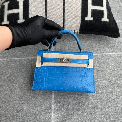 MINI KELLY II (20) MATTE MISSISSIPPIENSIS ALLIGATOR LEATHER BLEU ZELLIGE WITH PALLADIUM HARDWARE (PHW) - 2