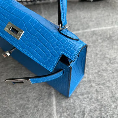 MINI KELLY II (20) MATTE MISSISSIPPIENSIS ALLIGATOR LEATHER BLEU ZELLIGE WITH PALLADIUM HARDWARE (PHW) - 7