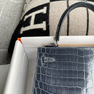 KELLY 25 SHINY (LISSE) PROSUS CROCODILE LEATHER BLEU TEMPETE WITH PALLADIUM HARDWARE (PHW) - 5