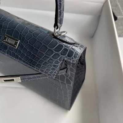 KELLY 25 SHINY (LISSE) PROSUS CROCODILE LEATHER BLEU TEMPETE WITH PALLADIUM HARDWARE (PHW) - 4
