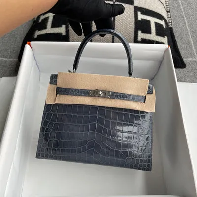 KELLY 25 SHINY (LISSE) PROSUS CROCODILE LEATHER BLEU TEMPETE WITH PALLADIUM HARDWARE (PHW) - 2