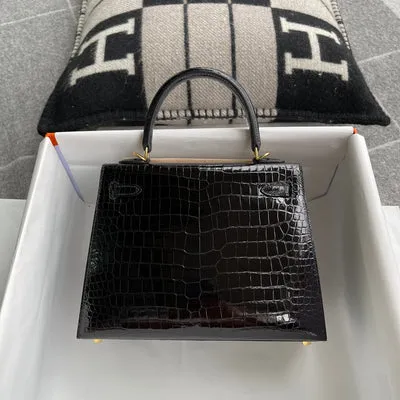 KELLY 25 SHINY (LISSE) PROSUS CROCODILE LEATHER NOIR (BLACK) WITH GOLD HARDWARE (GHW) - 3