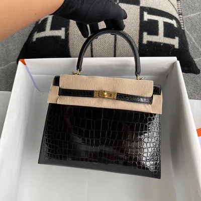 KELLY 25 SHINY (LISSE) PROSUS CROCODILE LEATHER NOIR (BLACK) WITH GOLD HARDWARE (GHW) - 2