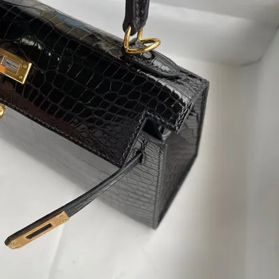 KELLY 25 SHINY (LISSE) PROSUS CROCODILE LEATHER NOIR (BLACK) WITH GOLD HARDWARE (GHW) - 6