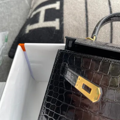 KELLY 25 SHINY (LISSE) PROSUS CROCODILE LEATHER NOIR (BLACK) WITH GOLD HARDWARE (GHW) - 7