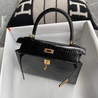 KELLY 25 SHINY (LISSE) PROSUS CROCODILE LEATHER NOIR (BLACK) WITH GOLD HARDWARE (GHW) - 5