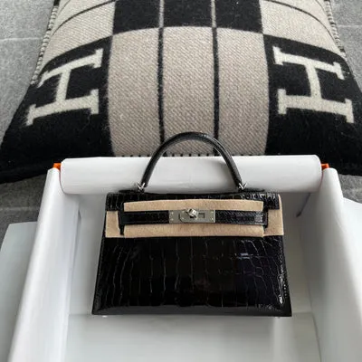MINI KELLY II (20) SHINY (LISSE) MISSISSIPPIENSIS ALLIGATOR LEATHER NOIR (BLACK) WITH PALLADIUM HARDWARE (PHW) - 1