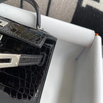 MINI KELLY II (20) SHINY (LISSE) MISSISSIPPIENSIS ALLIGATOR LEATHER NOIR (BLACK) WITH PALLADIUM HARDWARE (PHW) - 7