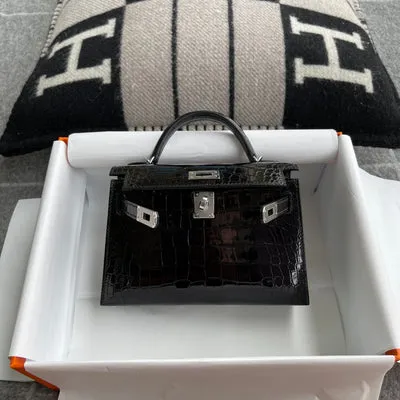 MINI KELLY II (20) SHINY (LISSE) MISSISSIPPIENSIS ALLIGATOR LEATHER NOIR (BLACK) WITH PALLADIUM HARDWARE (PHW) - 4