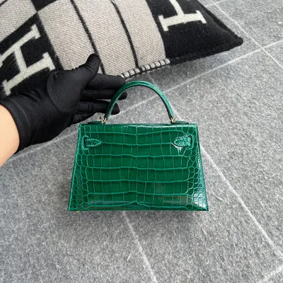 MINI KELLY II (20) SHINY (LISSE) MISSISSIPPIENSIS ALLIGATOR LEATHER VERT EMERAUDE (EMERALD) WITH GOLD HARDWARE (GHW) - 3