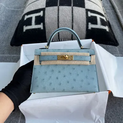MINI KELLY II (20) OSTRICH LEATHER BLEU GLACIER WITH GOLD HARDWARE (GHW) - 1