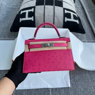 MINI KELLY II (20) OSTRICH LEATHER ROSE TYRIEN WITH PALLADIUM HARDWARE (PHW) - 2