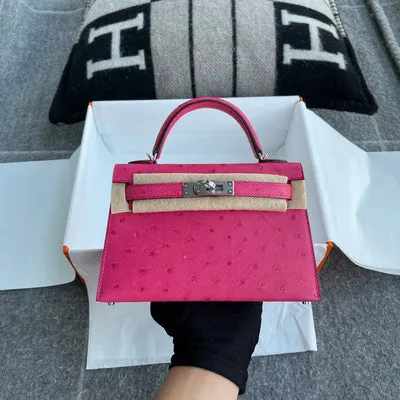 MINI KELLY II (20) OSTRICH LEATHER ROSE TYRIEN WITH PALLADIUM HARDWARE (PHW) - 1