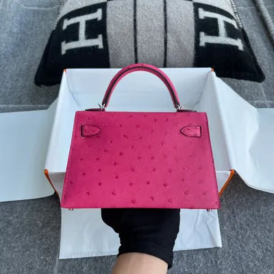 MINI KELLY II (20) OSTRICH LEATHER ROSE TYRIEN WITH PALLADIUM HARDWARE (PHW) - 3