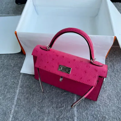 MINI KELLY II (20) OSTRICH LEATHER ROSE TYRIEN WITH PALLADIUM HARDWARE (PHW) - 4