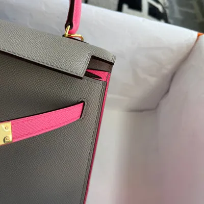 KELLY 25 EPSOM LEATHER HORSESHOE STAMP (HSS) BI-COLOR GRIS ASPHALTE & ROSE AZALEE WITH GOLD HARDWARE (GHW) - 6
