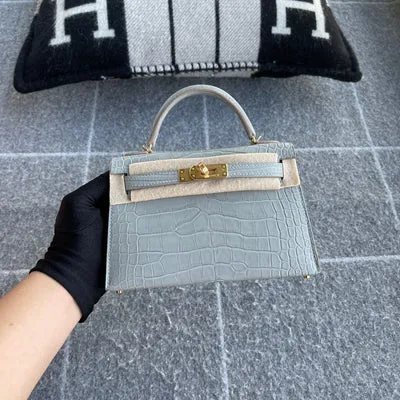 MINI KELLY II (20) MATTE MISSISSIPPIENSIS ALLIGATOR LEATHER PEARL GREY WITH GOLD HARDWARE (GHW) - 2