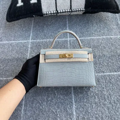 MINI KELLY II (20) MATTE MISSISSIPPIENSIS ALLIGATOR LEATHER PEARL GREY WITH GOLD HARDWARE (GHW) - 1