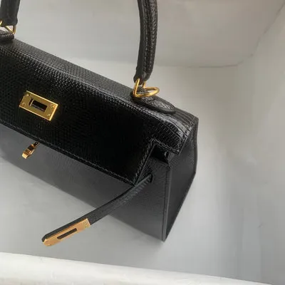KELLY 25 LIZARD LEATHER NOIR (BLACK) WITH GOLD HARDWARE (GHW) - 5