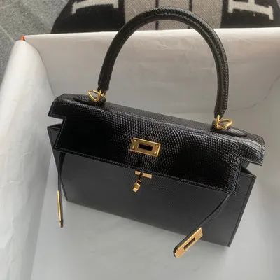 KELLY 25 LIZARD LEATHER NOIR (BLACK) WITH GOLD HARDWARE (GHW) - 3
