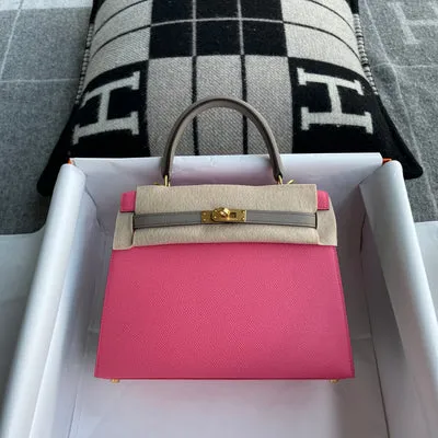 KELLY 25 EPSOM LEATHER HORSESHOE STAMP (HSS) BI-COLOR ROSE AZALLE & GRIS ASPHALTE WITH GOLD HARDWARE (GHW) - 1