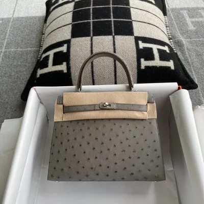 KELLY 25 OSTRICH LEATHER GRIS ASPHALTE WITH PALLADIUM HARDWARE (PHW) - 1
