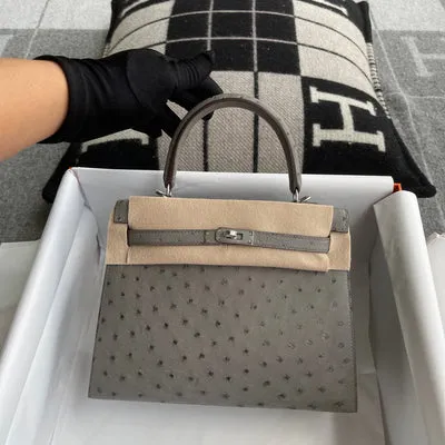 KELLY 25 OSTRICH LEATHER GRIS ASPHALTE WITH PALLADIUM HARDWARE (PHW) - 2