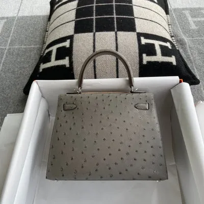 KELLY 25 OSTRICH LEATHER GRIS ASPHALTE WITH PALLADIUM HARDWARE (PHW) - 3