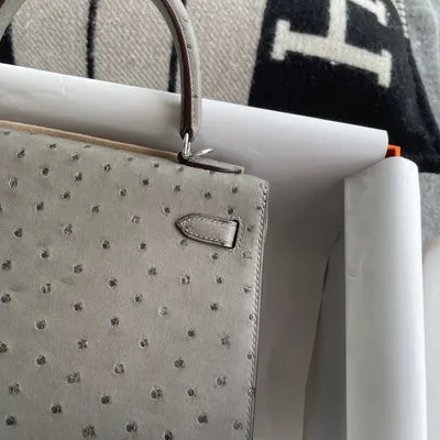 KELLY 25 OSTRICH LEATHER GRIS ASPHALTE WITH PALLADIUM HARDWARE (PHW) - 4
