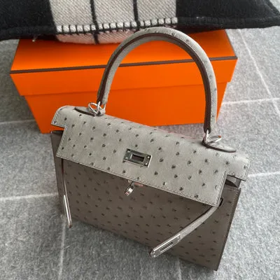 KELLY 25 OSTRICH LEATHER GRIS ASPHALTE WITH PALLADIUM HARDWARE (PHW) - 5