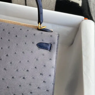 KELLY 25 OSTRICH LEATHER HORSESHOE STAMP (HSS) BI-COLOR GRIS AGATE & BLEU IRIS WITH GOLD HARDWARE (GHW) - 5