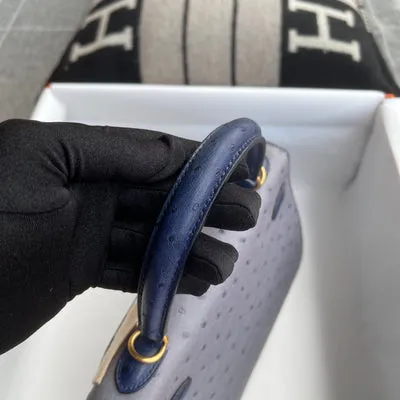 KELLY 25 OSTRICH LEATHER HORSESHOE STAMP (HSS) BI-COLOR GRIS AGATE & BLEU IRIS WITH GOLD HARDWARE (GHW) - 6
