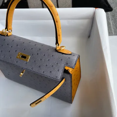 KELLY 25 OSTRICH LEATHER HORSESHOE STAMP (HSS) BI-COLOR GRIS AGATE & SAFFRON WITH BRUSHED GOLD HARDWARE (BGHW) - 7