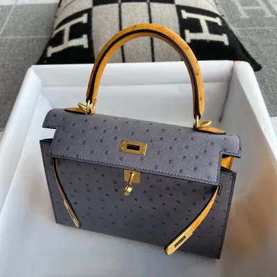 KELLY 25 OSTRICH LEATHER HORSESHOE STAMP (HSS) BI-COLOR GRIS AGATE & SAFFRON WITH BRUSHED GOLD HARDWARE (BGHW) - 4
