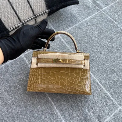 MINI KELLY II (20) SHINY (LISSE) MISSISSIPPIENSIS ALLIGATOR LEATHER FICELLE WITH GOLD HARDWARE (GHW) - 1