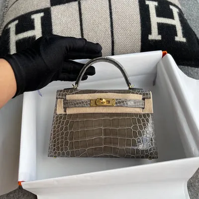 MINI KELLY II (20) SHINY (LISSE) MISSISSIPPIENSIS ALLIGATOR LEATHER GRIS TOURTERELLE WITH GOLD HARDWARE (GHW) - 1