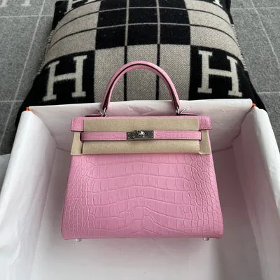 KELLY 25 MATTE MISSISSIPPIENSIS ALLIGATOR LEATHER PINK WITH PALLADIUM HARDWARE (PHW) - 1