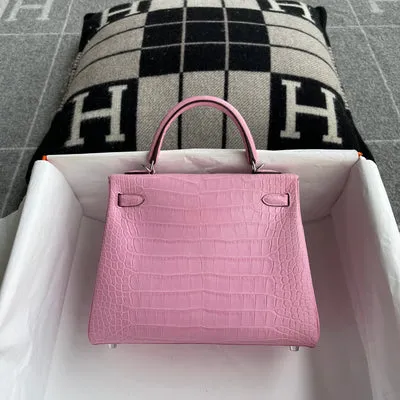 KELLY 25 MATTE MISSISSIPPIENSIS ALLIGATOR LEATHER PINK WITH PALLADIUM HARDWARE (PHW) - 4