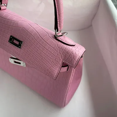 KELLY 25 MATTE MISSISSIPPIENSIS ALLIGATOR LEATHER PINK WITH PALLADIUM HARDWARE (PHW) - 6