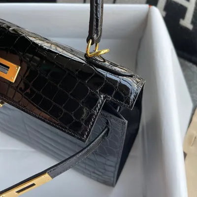 KELLY 28 SHINY (LISSE) NILOTICUS CROCODILE LEATHER NOIR (BLACK) WITH GOLD HARDWARE (GHW) - 8
