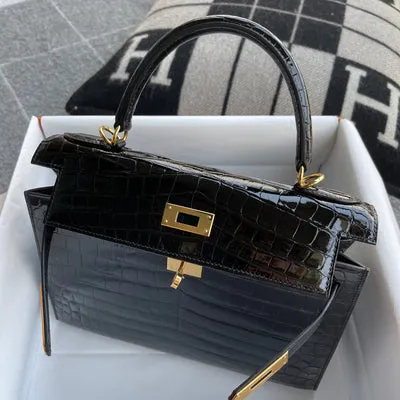 KELLY 28 SHINY (LISSE) NILOTICUS CROCODILE LEATHER NOIR (BLACK) WITH GOLD HARDWARE (GHW) - 6