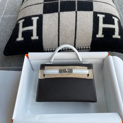 MINI KELLY II (20) EPSOM LEATHER HORSESHOE STAMP (HSS) BI-COLOR NOIR (BLACK) & BLANC WITH PALLADIUM HARDWARE (PHW) - 1