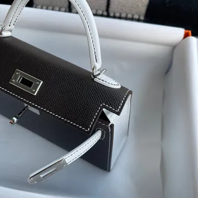 MINI KELLY II (20) EPSOM LEATHER HORSESHOE STAMP (HSS) BI-COLOR NOIR (BLACK) & BLANC WITH PALLADIUM HARDWARE (PHW) - 5
