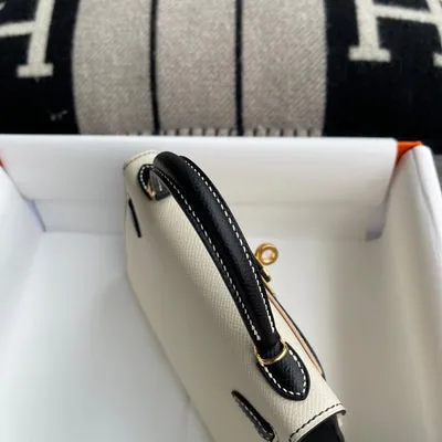 MINI KELLY II (20) EPSOM LEATHER HORSESHOE STAMP (HSS) BI-COLOR CRAIE & NOIR (BLACK) WITH GOLD HARDWARE (GHW) - 6